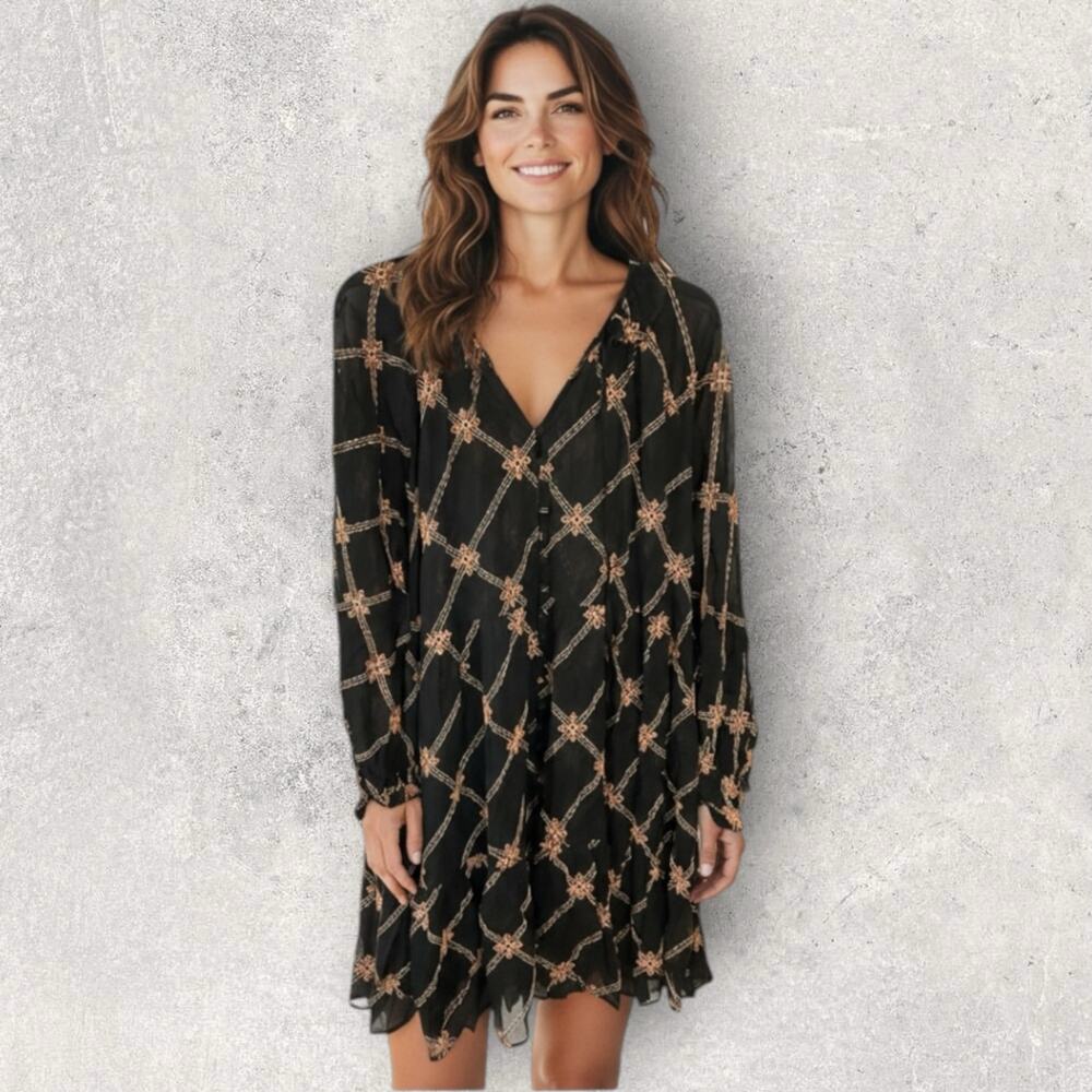 Jade by Johnny Was Black Chain Floral Sheer Embroidered Long-Sleeve Dress L